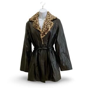 Endurance Vegan Leather Coat with Faux Leopard Collar